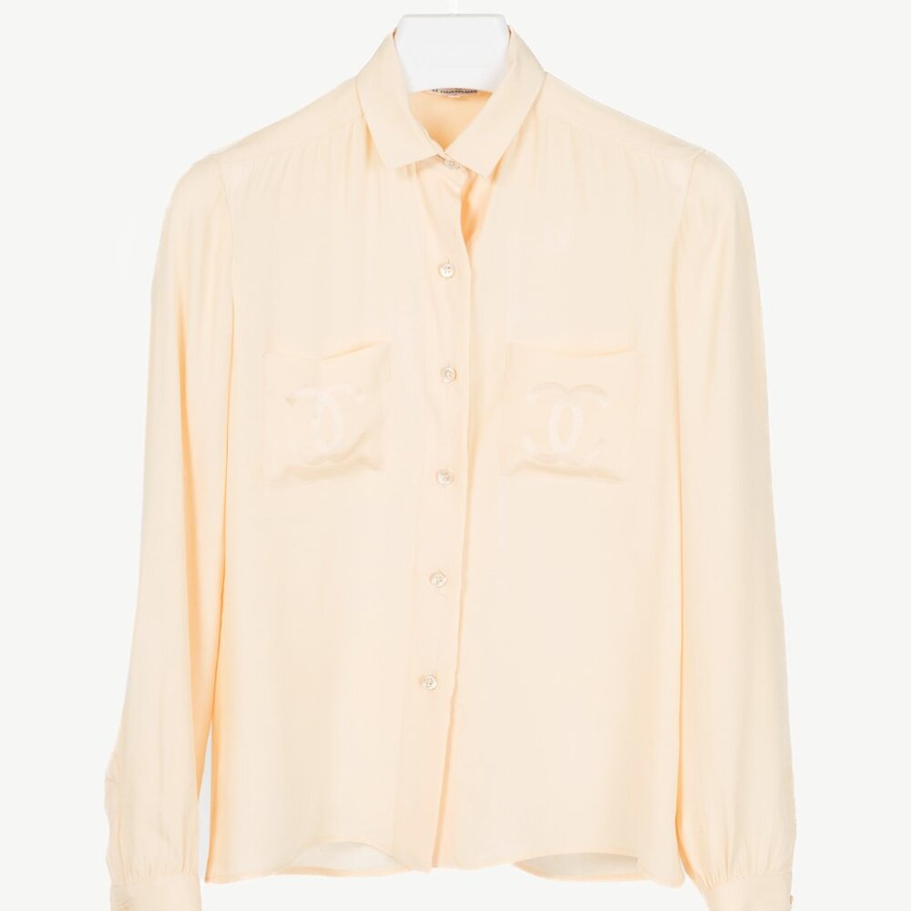 Chanel 70's-Vintage Cream Silk CC-Pocket Buttoned Blouse